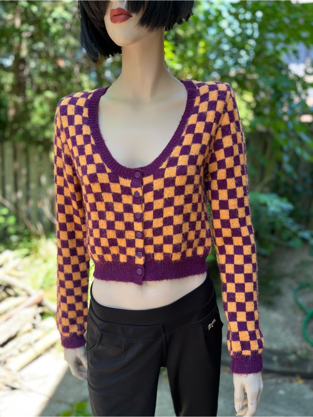 Zara Purple and Gold Checkered V-Neck Cropped Cardigan